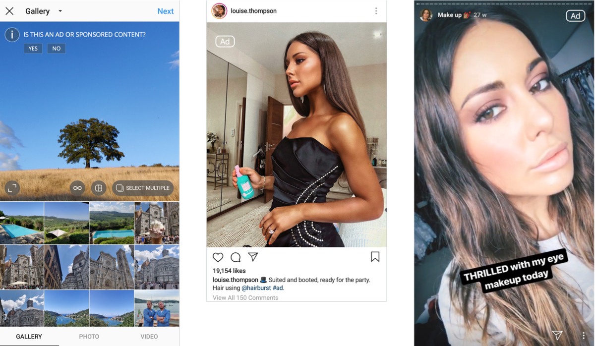 Examples of how Instagram could include ad labelling in posts and stories - novel.