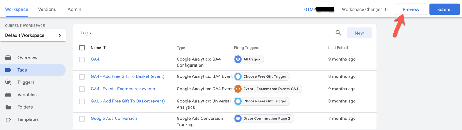 Google Tag Manager Preview debug button